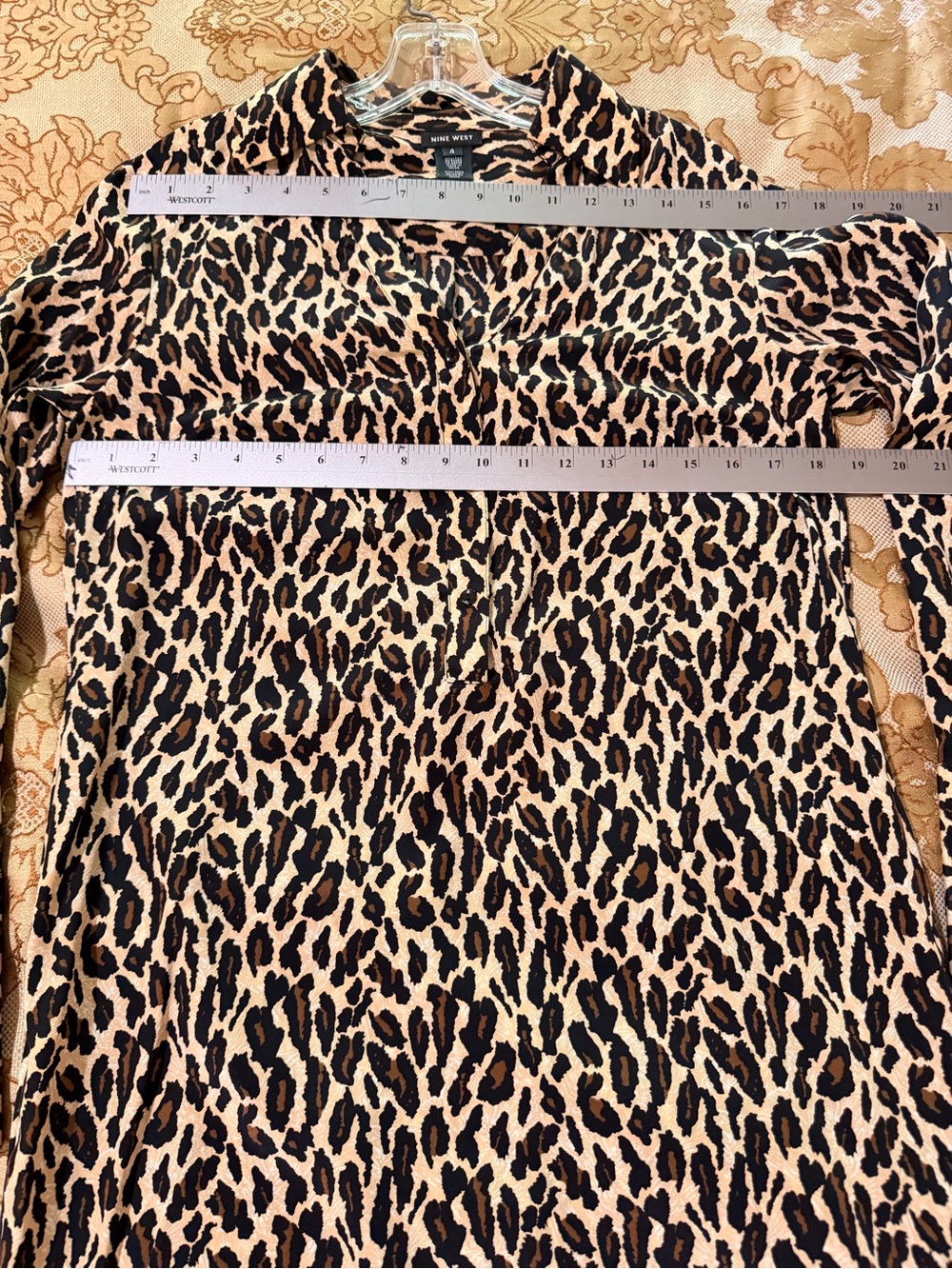 Nine West Silk Leopard Print Long Sleeve Dress, Black,Brown,Tan, Qtr Button Sz 4 - Picture 13 of 14